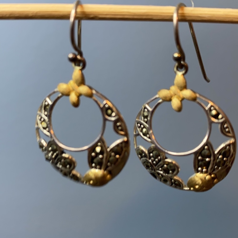 .925 Sterling Silver and Marcasite Hoops 🦋🌿